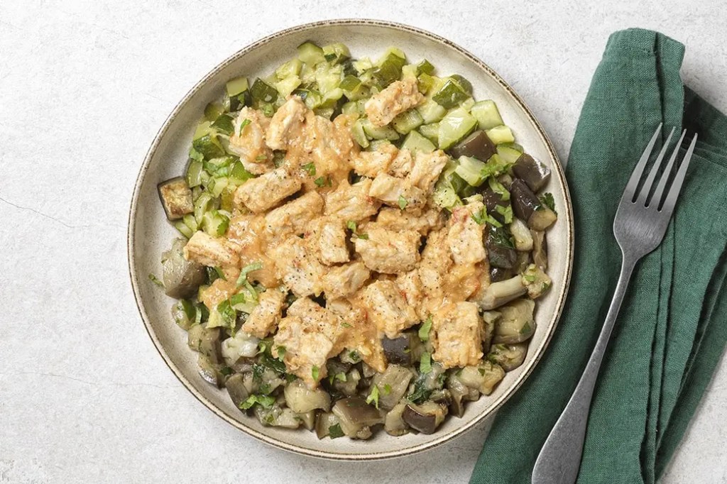 Plat Seazon Indice glycémique bas Porc fermier au gingembre, courgettes et aubergines