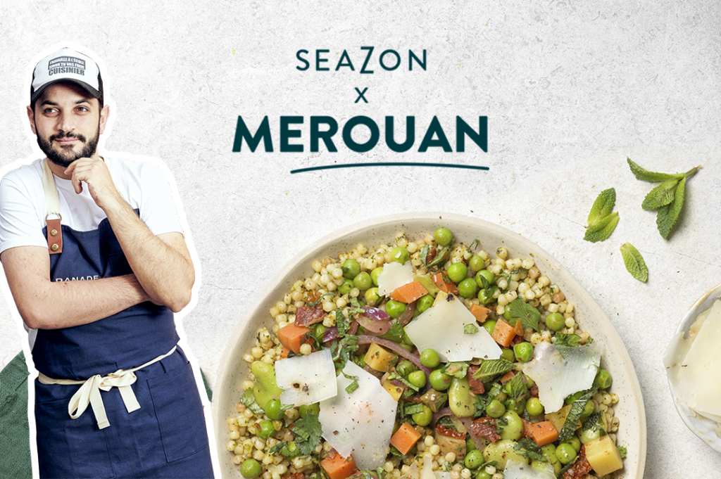 Collaboration Seazon X Merouan. Une photo du plat travaillé avec le chef Merouan au milieu. À gauche, une photo du chef Merouan.