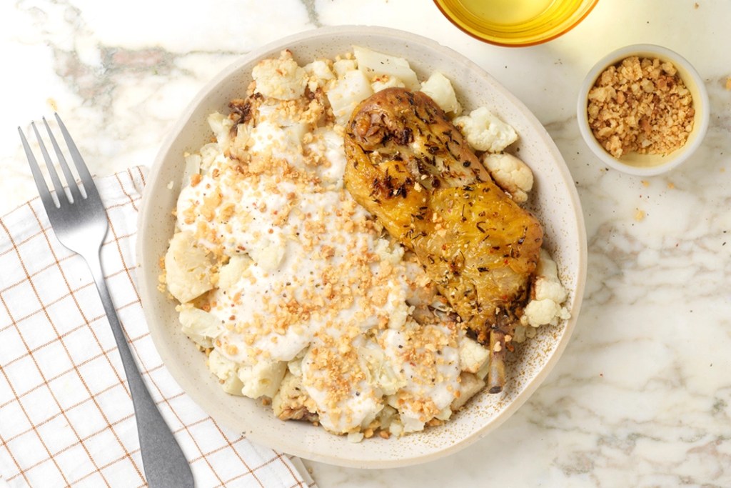 Plat Seazon, cuisse de poulet roti, chou fleur à la béchamel formagère