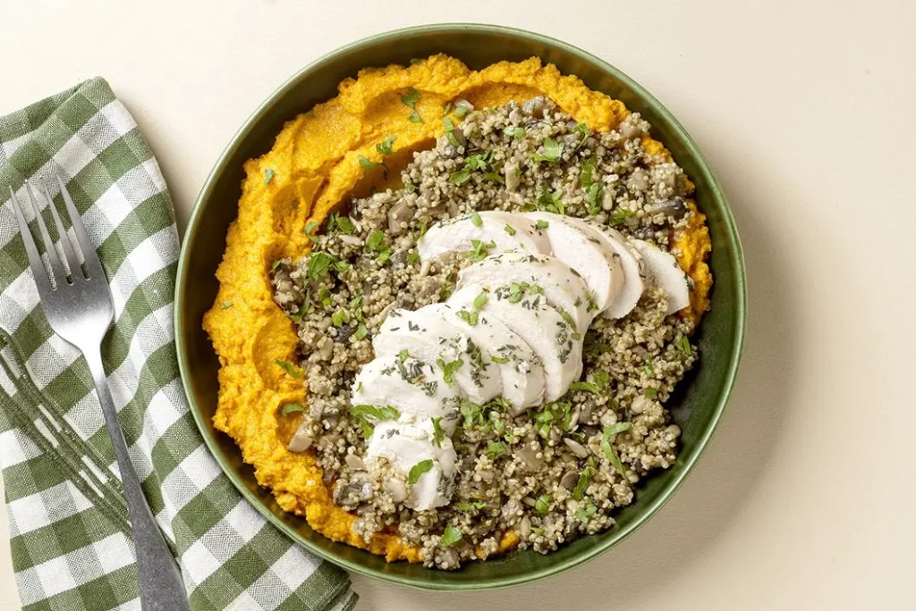 salade de quinoa poulet au citron et houmous de carotte plat seazon